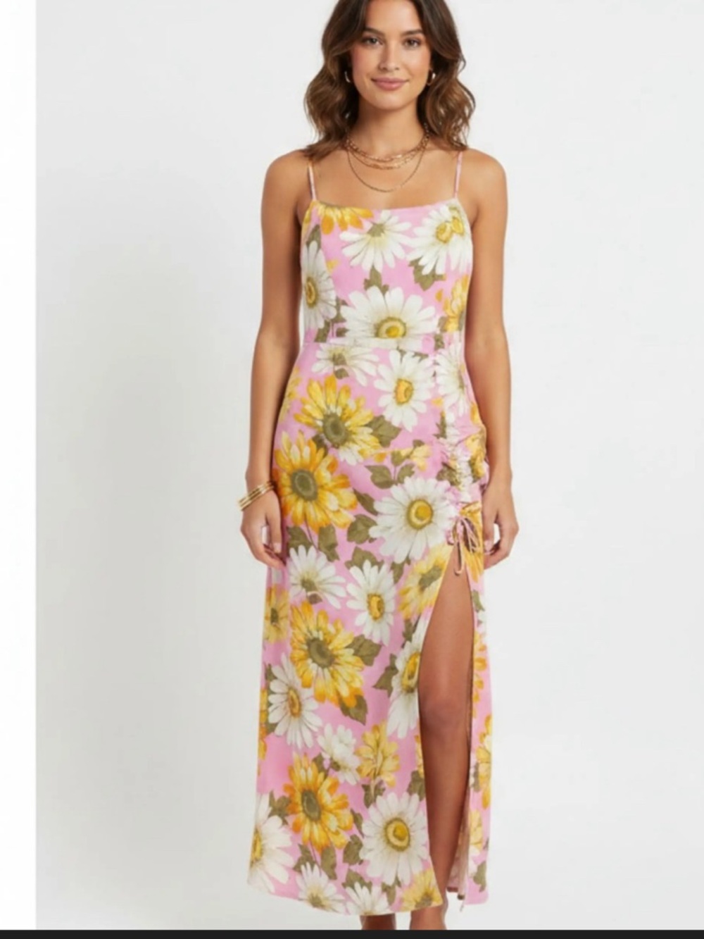 O'Neill Pink Floral Slip Maxi Dress with Yellow Daisy Print and Side Slit